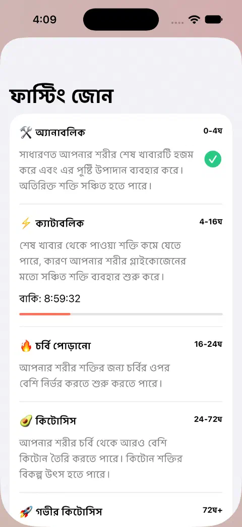 ফাস্টিং জোনের শিটে জোনের নাম, অনুমান করা সময়ের সীমা, ব্যাখ্যা এবং বর্তমান জোনের বাকি সময়ের প্রগ্রেস বার।