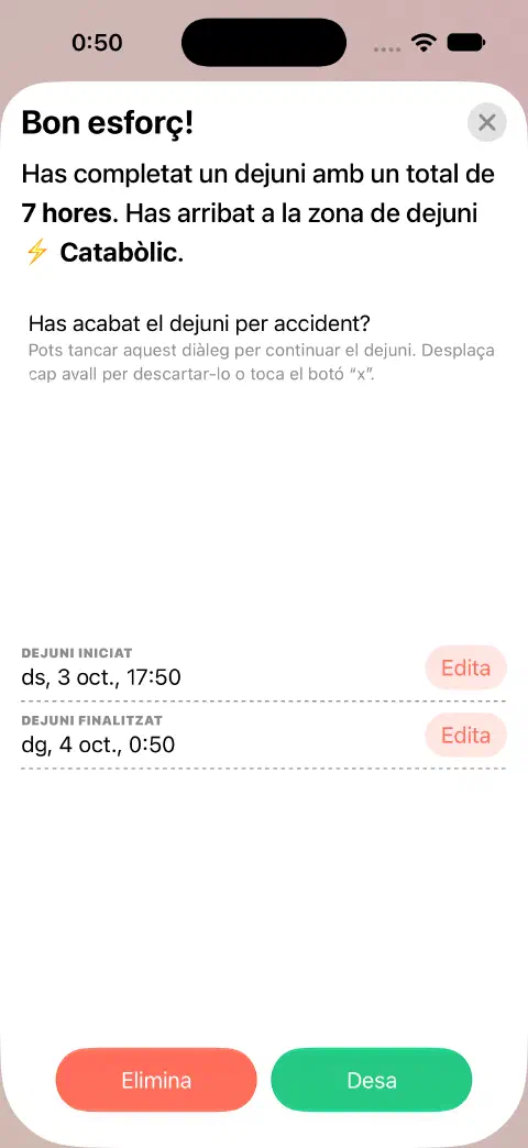 Entrada de dejuni completat preparada per desar, amb botons Edita separats per a Dejuni iniciat i Dejuni finalitzat.