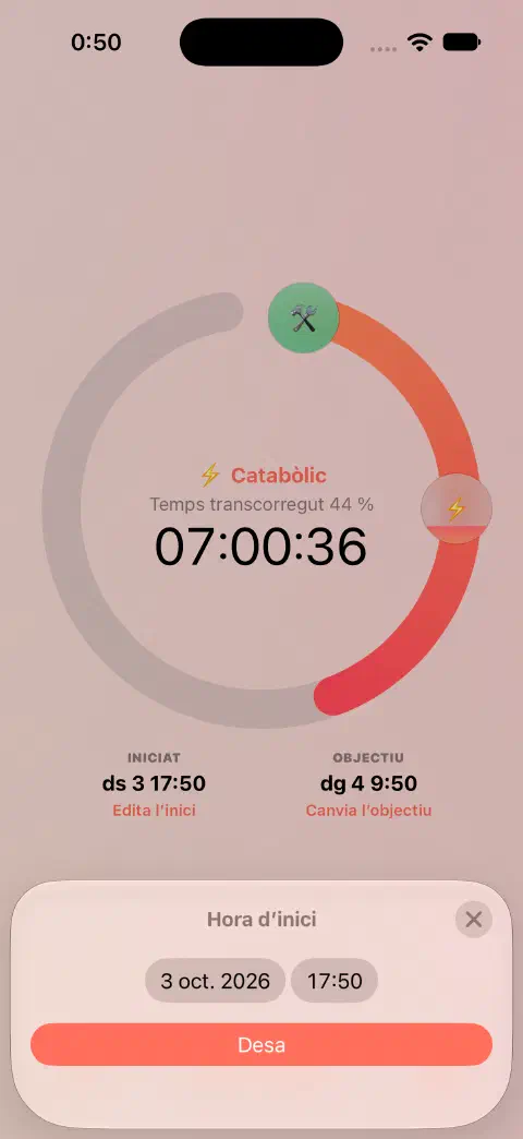 Temporitzador de dejuni actiu amb editor de l’hora d’inici, control de data i hora i botó Desa.