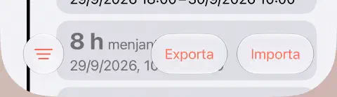 Barra inferior de l’historial de dejuni, amb el botó Filtre de tres línies a l’esquerra i Exporta i Importa a la dreta.