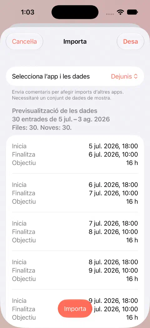 Previsualització d’importació CSV del Fasty amb 30 files, 30 entrades noves i els valors d’inici, finalització i objectiu dels primers registres abans de desar.
