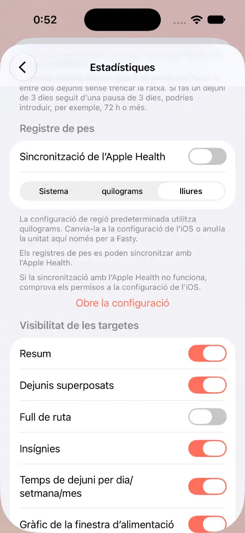 Configuració d’Estadístiques amb Sincronització de l’Apple Health desactivada i lliures seleccionades en lloc de Sistema o quilograms.