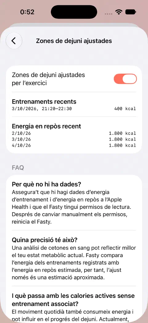 Zones de dejuni ajustades activades, amb un entrenament de demostració de 400 kcal i valors recents d’energia en repòs a sota.