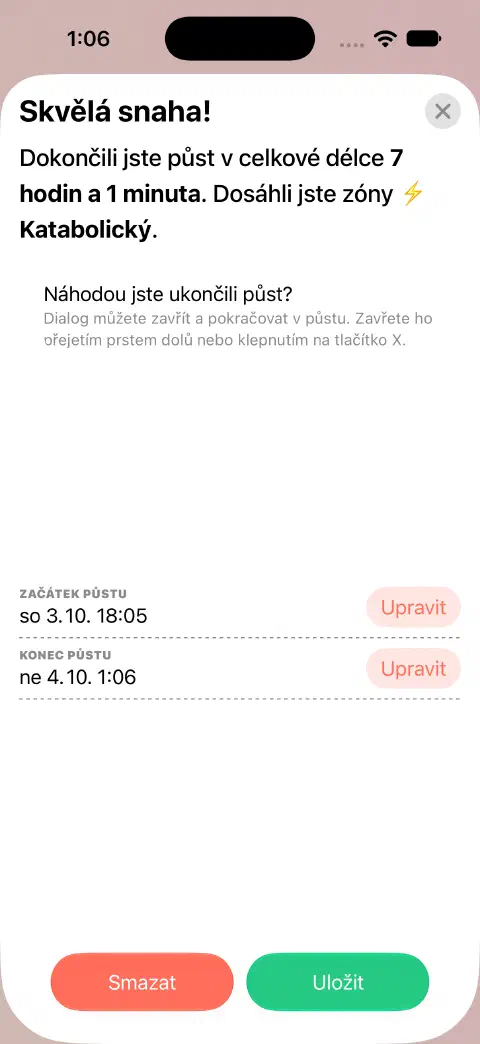 Záznam dokončeného půstu připravený k uložení, se samostatnými tlačítky úprav začátku a konce půstu.