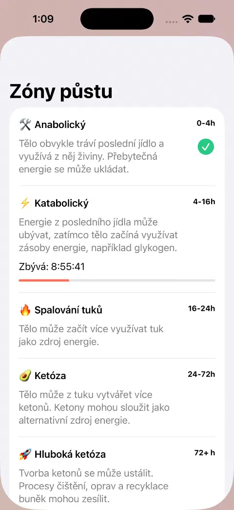 Panel zón půstu s názvy zón, odhadovanými časovými rozmezími, vysvětleními a ukazatelem zbývajícího času aktuální zóny.