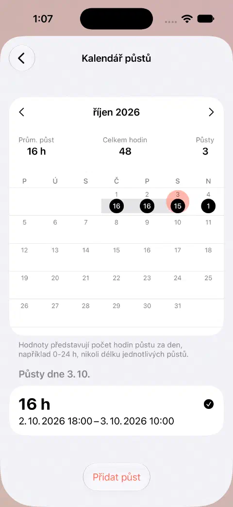 Říjnový kalendář půstů s vybraným dnem a jeho dokončeným půstem uvedeným pod ním.
