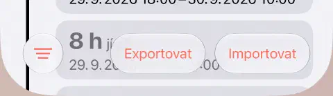 Dolní panel historie půstů s tlačítkem filtru se třemi čarami vlevo a exportem a importem vpravo.