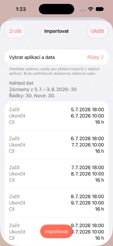 Náhled importu CSV Fasty ukazuje 30 řádků, 30 nových položek a hodnoty začátku, konce a cíle prvních záznamů před uložením.