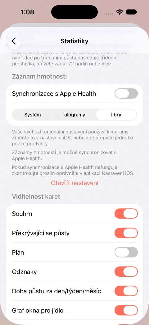Nastavení statistik s vypnutou synchronizací Apple Zdraví a vybranými librami místo systému nebo kilogramů.