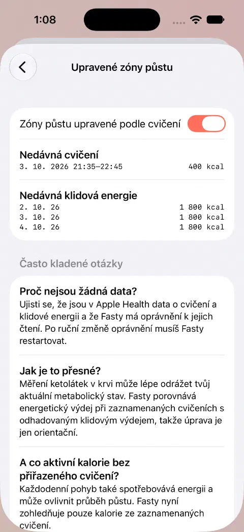 Zapnuté upravené zóny půstu s ukázkovým tréninkem 400 kcal a nedávnými hodnotami klidové energie uvedenými níže.
