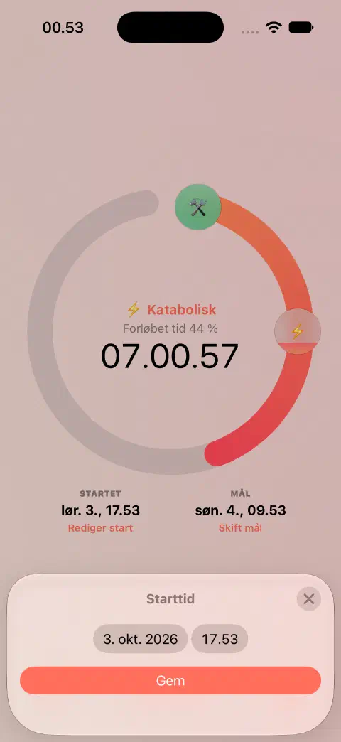 Aktiv fastetimer med editor til starttidspunkt, dato- og tidsvalg og knappen Gem.