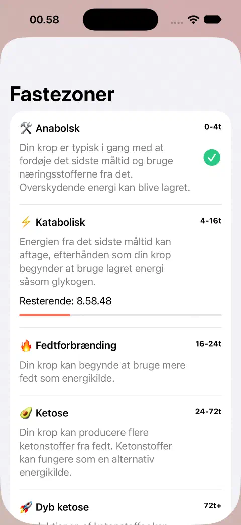 Fastezoner med zonenavne, estimerede tidsintervaller, forklaringer og statuslinje for den aktuelle zones resterende tid.