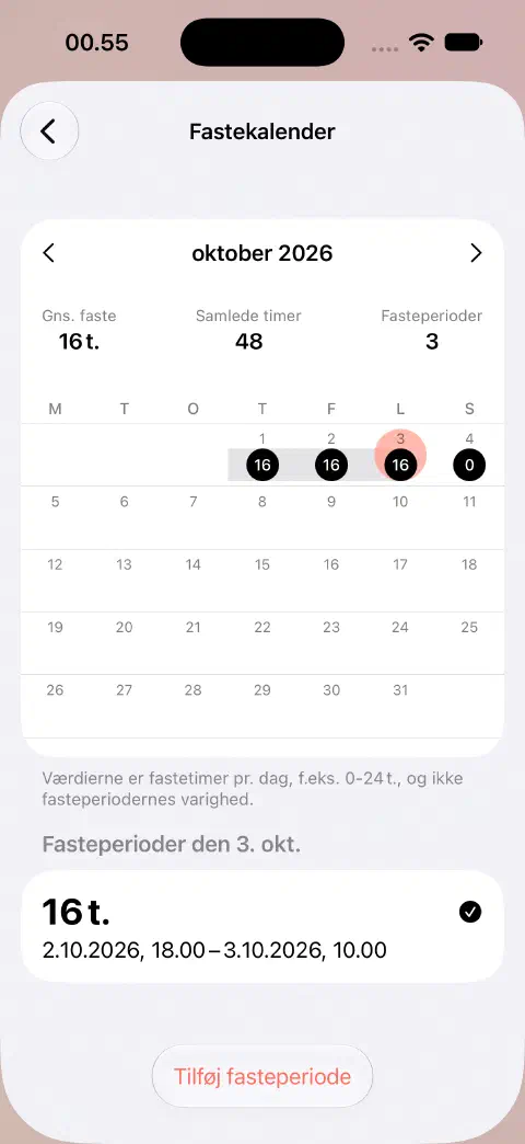 Fastekalender for oktober med en valgt dag og dens afsluttede fasteperiode på listen nedenunder.