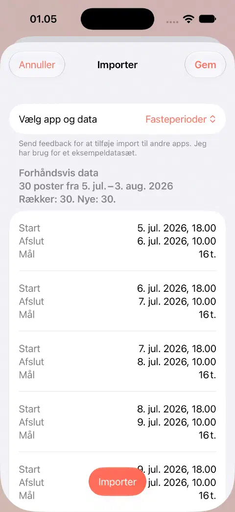 Forhåndsvisning af Fasty-CSV-import med 30 rækker, 30 nye registreringer og de første registreringers start, slutning og mål før lagring.