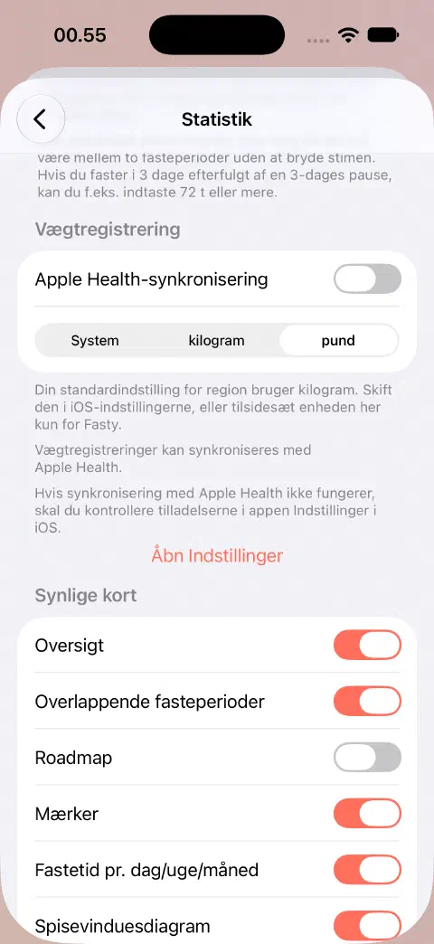 Statistikindstillinger med Apple Health-synkronisering slået fra og pund valgt i stedet for System eller kilogram.
