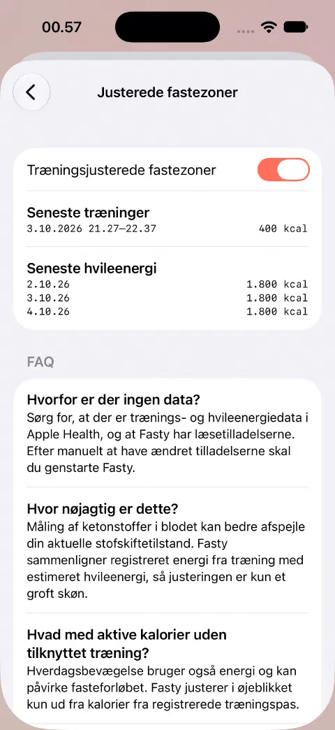 Justerede fastezoner aktiveret med en demonstrationstræning på 400 kcal og seneste hvileenergiværdier på listen nedenunder.