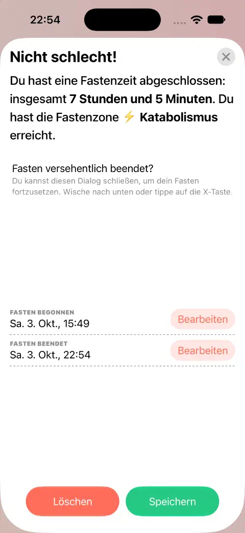 Eintrag einer abgeschlossenen Fastenzeit mit getrennten Bearbeiten-Tasten für Start und Ende.