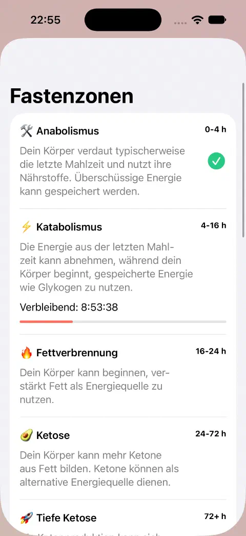Fastenzonen-Ansicht mit Zonennamen, geschätzten Zeitbereichen, Erklärungen und Fortschrittsbalken der aktuellen Zone.