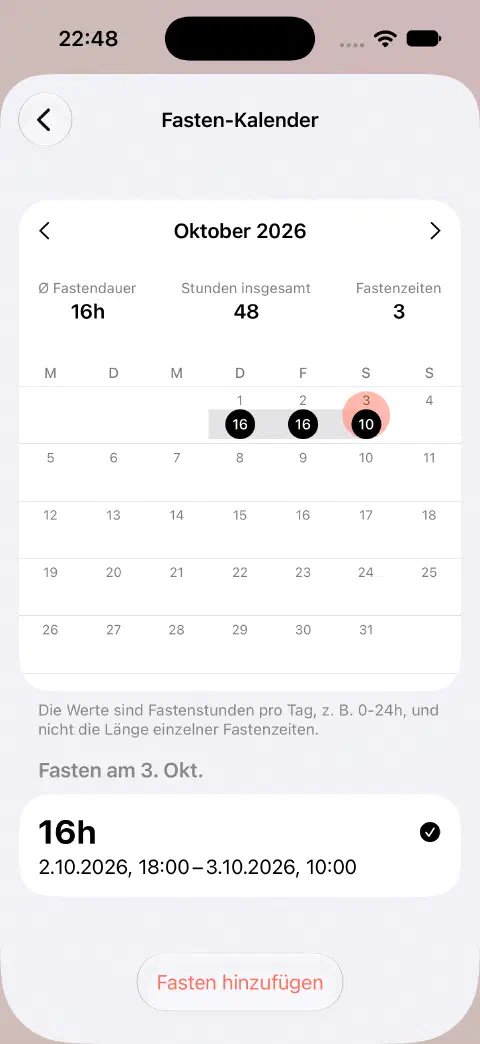 Fastenkalender für Oktober mit ausgewähltem Tag und dessen gespeichertem Eintrag darunter.