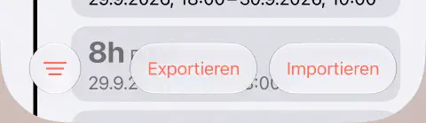 Untere Symbolleiste des Fastenverlaufs mit dem Filter-Symbol links und Export und Import rechts.