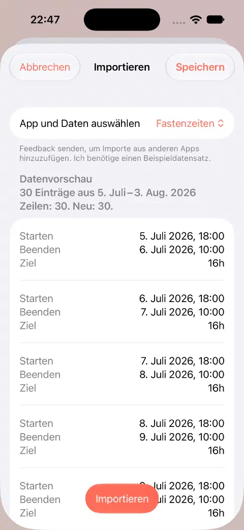 Vorschau eines Fasty-CSV-Imports mit 30 Zeilen, 30 neuen Einträgen und den Start-, End- und Zielwerten der ersten Einträge vor dem Speichern.