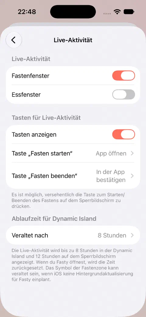 Einstellungen für Live-Aktivitäten mit getrennten Schaltern für Fasten- und Essfenster, Tastenverhalten und Ablauf der Dynamic-Island-Anzeige.