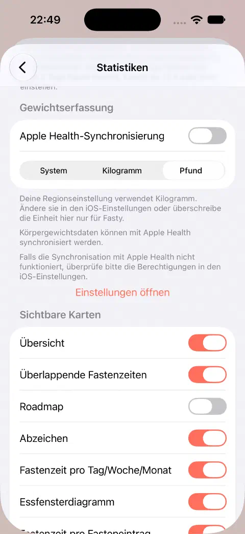 Statistik-Einstellungen mit ausgeschalteter Health-Synchronisierung und ausgewählter Pfund-Einheit.