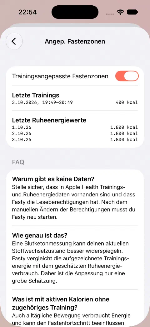 Aktivierte trainingsangepasste Fastenzonen mit einem Beispieltraining über 400 kcal und Ruheenergiewerten.