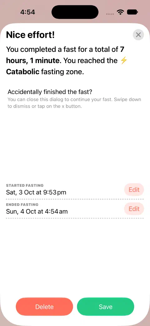 A completed-fast entry ready to save, with separate Edit buttons for Started fasting and Ended fasting.