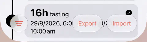 Bottom toolbar of the fasting history, with the three-line Filter button on the left and Export and Import on the right.