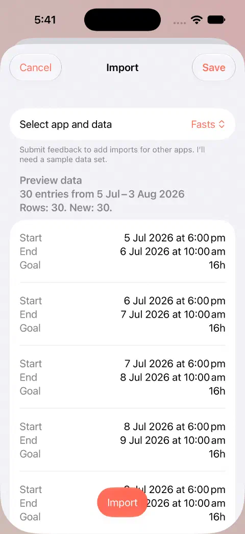 Fasty CSV import preview showing 30 rows, 30 new entries and the first records' start, end and goal values before saving.