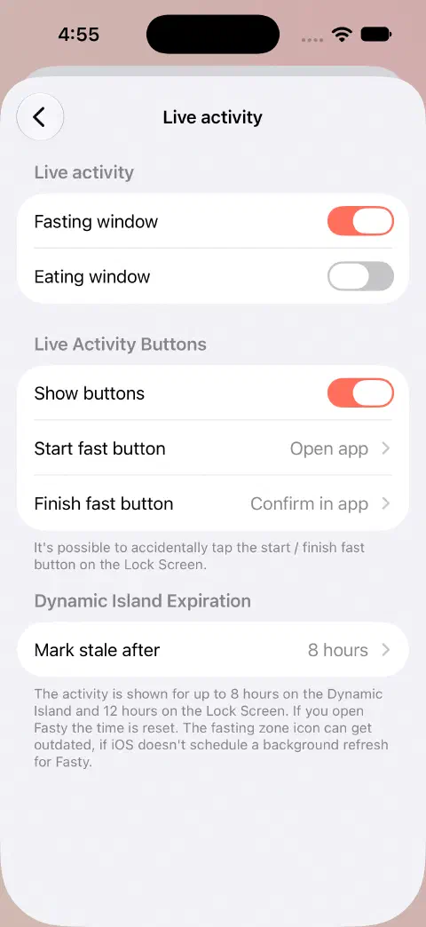 Live Activity settings with separate fasting and eating switches, button behaviour choices, and Dynamic Island expiration settings.