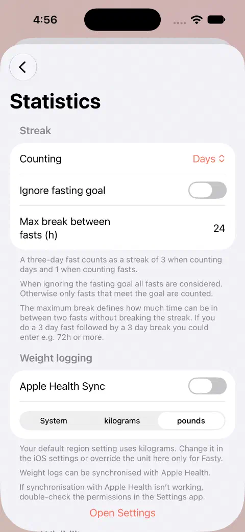 Statistics settings showing Apple Health Sync off and pounds selected instead of System or kilograms.