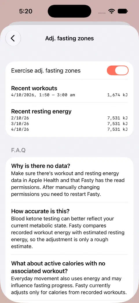 Adjusted fasting zones enabled, with a demonstration 1,674 kJ workout and recent resting-energy values listed underneath.