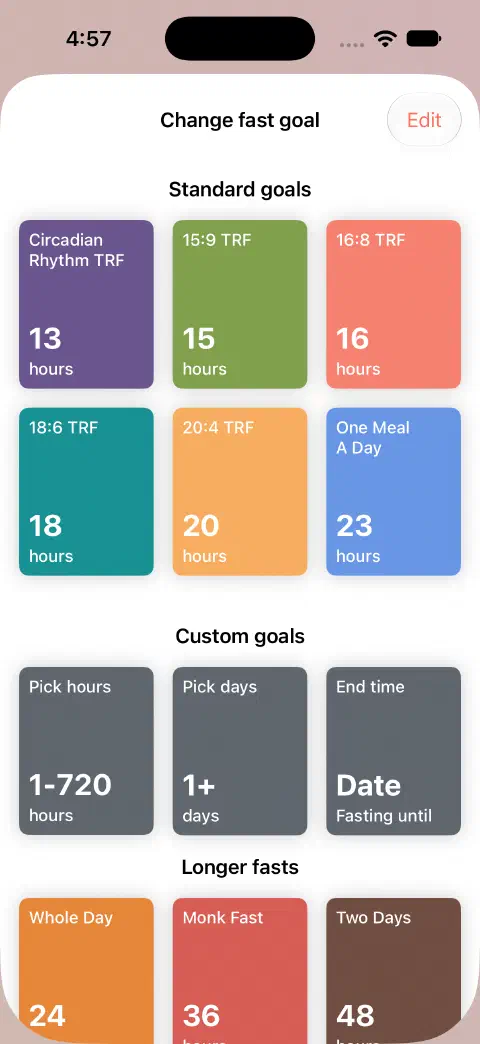 Change fast goal with standard durations, Pick hours, Pick days and End time controls.