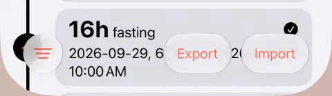 Bottom toolbar of the fasting history, with the three-line Filter button on the left and Export and Import on the right.