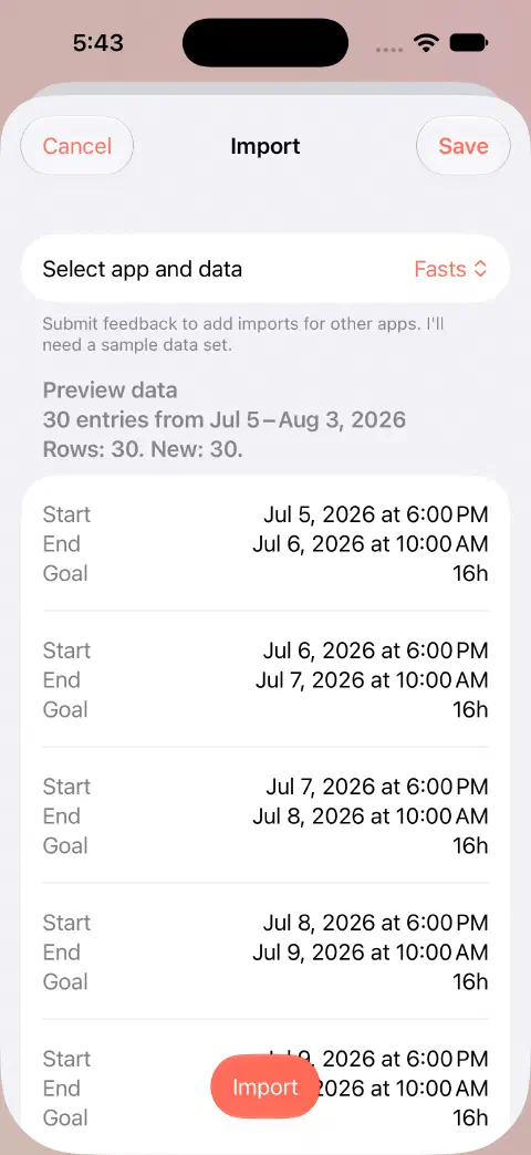 Fasty CSV import preview showing 30 rows, 30 new entries and the first records' start, end and goal values before saving.