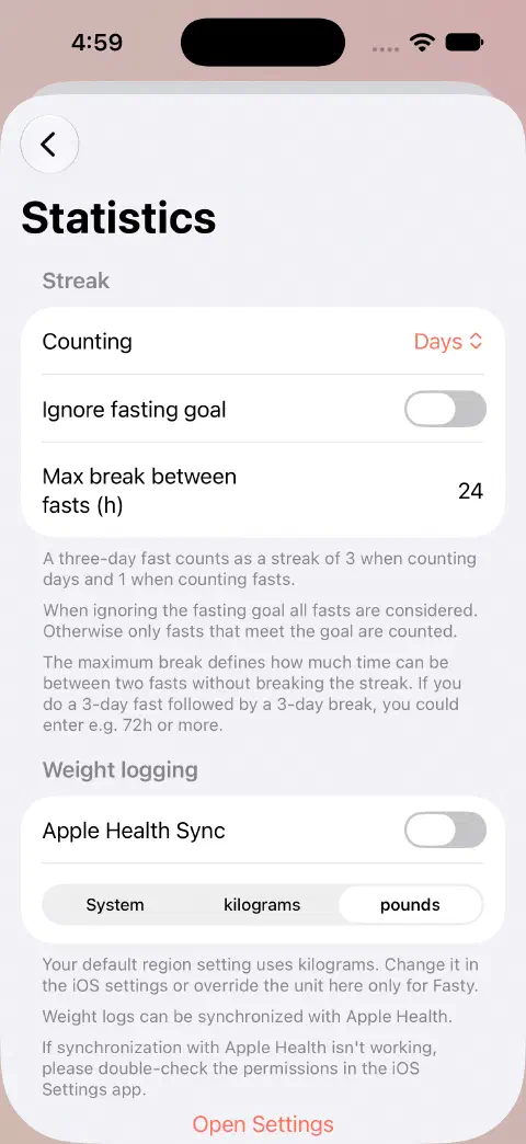 Statistics settings showing Apple Health Sync off and pounds selected instead of System or kilograms.