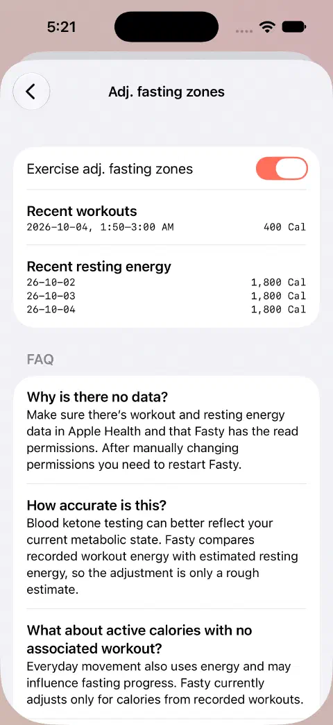 Adjusted fasting zones enabled, with a demonstration 400 Cal workout and recent resting-energy values listed underneath.