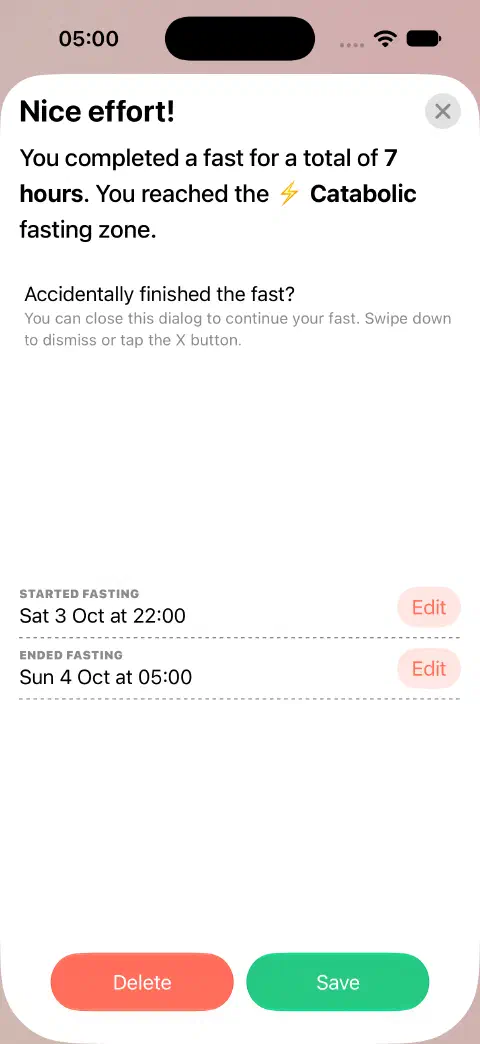 A completed-fast entry ready to save, with separate Edit buttons for Started fasting and Ended fasting.