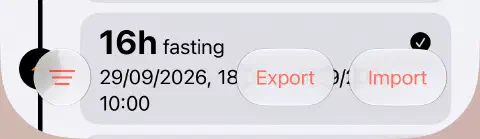 Bottom toolbar of the fasting history, with the three-line Filter button on the left and Export and Import on the right.
