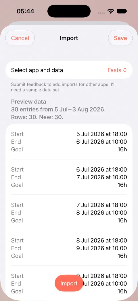 Fasty CSV import preview showing 30 rows, 30 new entries and the first records' start, end and goal values before saving.