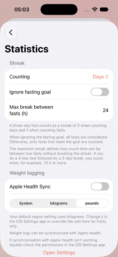 Statistics settings showing Apple Health Sync off and pounds selected instead of System or kilograms.