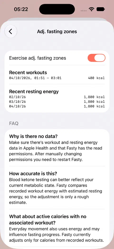 Adjusted fasting zones enabled, with a demonstration 400 kcal workout and recent resting-energy values listed underneath.