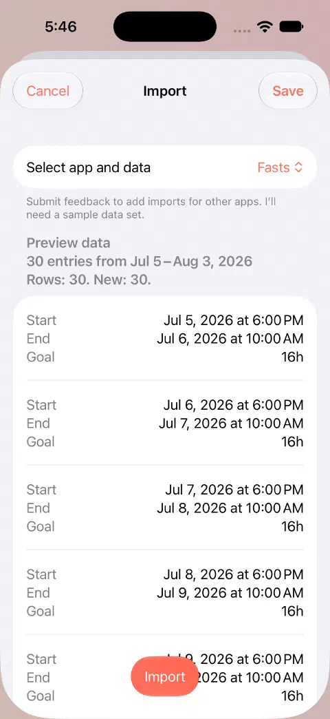 Fasty CSV import preview showing 30 rows, 30 new entries and the first records' start, end and goal values before saving.