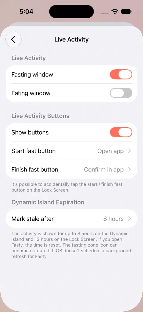 Live Activity settings with separate fasting and eating switches, button behavior choices, and Dynamic Island expiration settings.