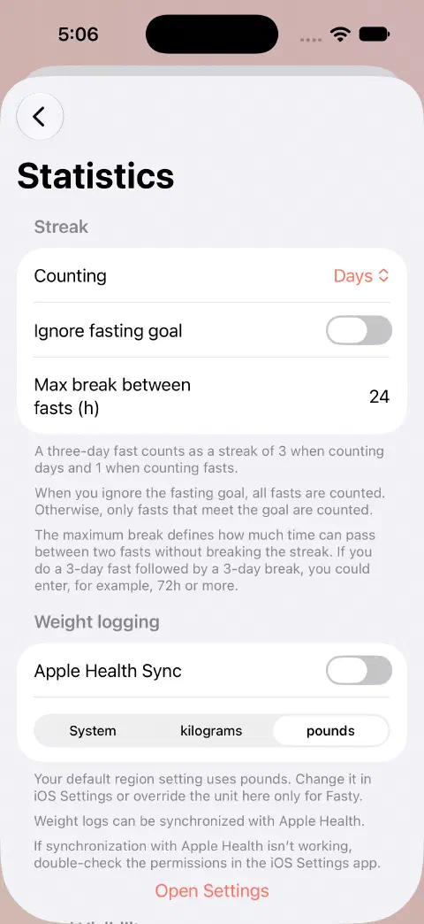 Statistics settings showing Apple Health Sync off and pounds selected instead of System or kilograms.