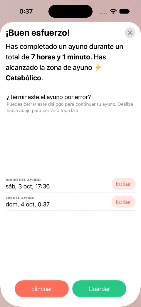Entrada de un ayuno completado lista para guardar, con botones de edición separados para el inicio y el fin del ayuno.