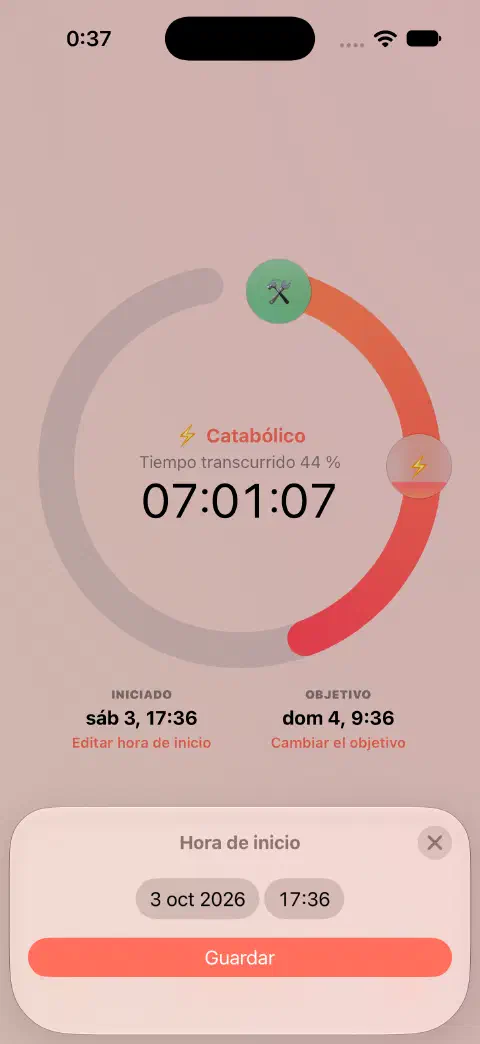 Temporizador de ayuno activo con el editor de hora de inicio, el control de fecha y hora y el botón para guardar.