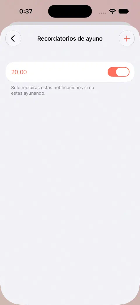Recordatorios de ayuno con un recordatorio diario de las 20:00 activado y la explicación de que solo avisa cuando no estás ayunando.